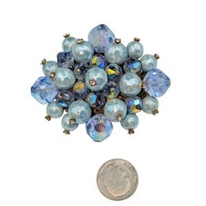Vintage 1950s Laguna Blue Faux Pearl Rhinestone Crystal Brooch